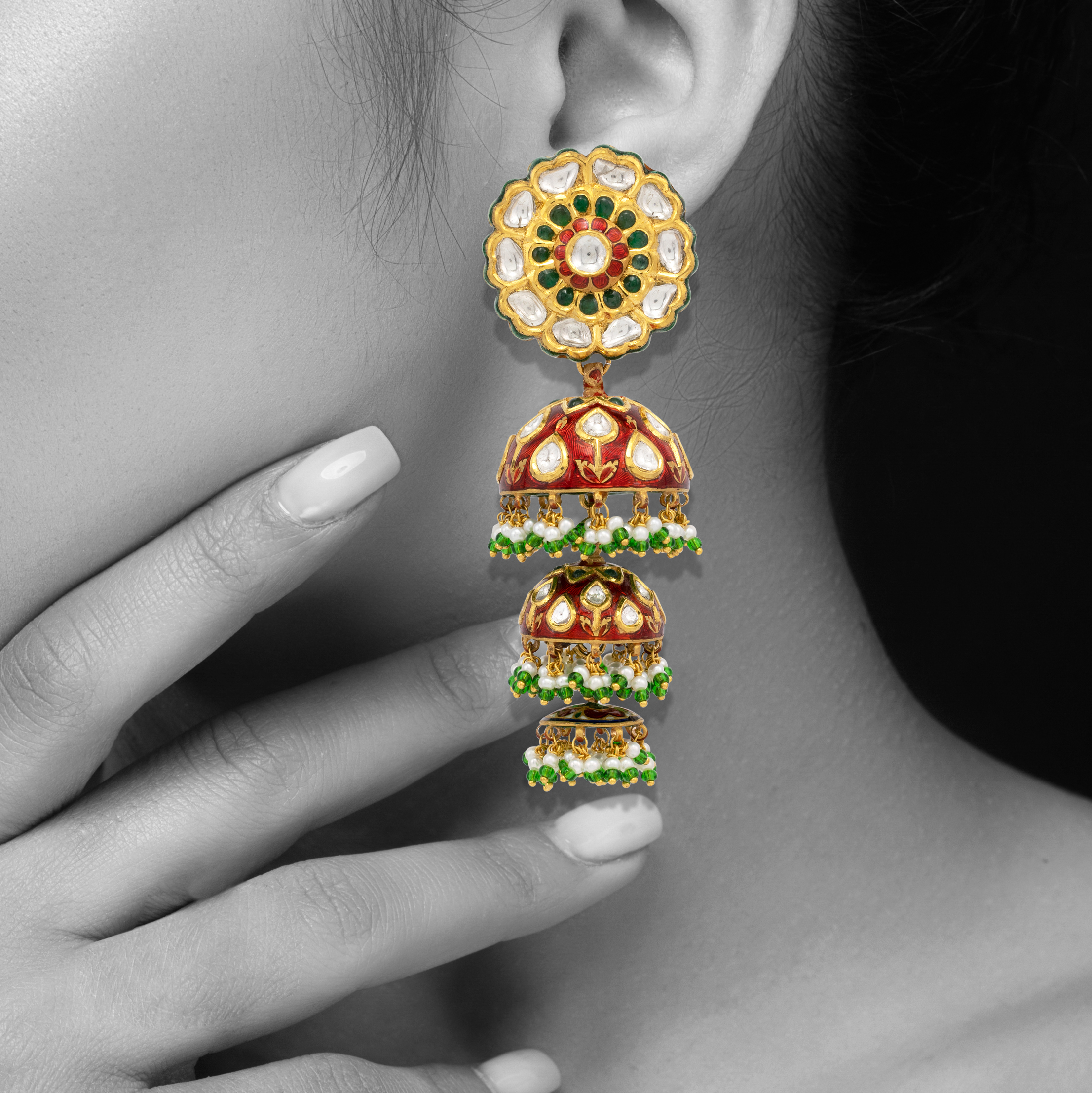 Triple-Tier Red Meenakari Jhumkis with Polki and Green Beads